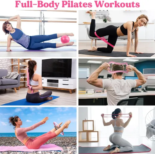 Miniatura 5 de Juego de anillos de pilates de 13 piezas, kit de pilates para mujer, accesorios de equipo de ejercicio, deformación, círculo mágico con asas Rosa