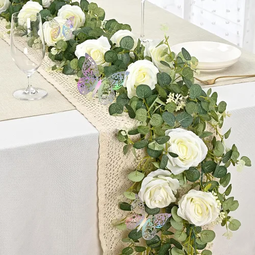 Miniatura 8 de Yastouay - Guirnalda de flores blancas de 6.4 pies con mariposas, guirnalda artificial de eucalipto con flores, vid de rosa falsa para centro