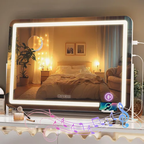 Miniatura 10 de Hasipu Espejo de tocador con luces y altavoz Bluetooth, espejo LED de maquillaje de 23.6 x 19.7 pulgadas, espejo iluminado con aumento de 10X