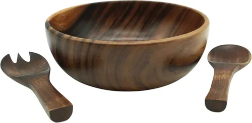 Miniatura 8 de Juego de ensaladera de madera de acacia – 9” Cuenco redondo artesanal con 2 servidores de madera, vajilla rústica y duradera para ensaladas, frutas