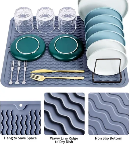 Miniatura 4 de Tapete de silicona para secar platos, 2 paquetes de tapete de silicona antideslizante, tapete de secado fácil de limpiar, tapete escurridor