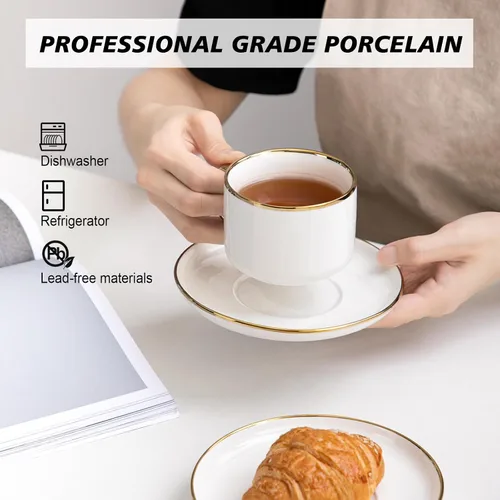 Miniatura 2 de Agyiuns Tazas de té y platillos con borde dorado, juego de té de porcelana blanca de 6.76 onzas y tazas de café para latte, café moca, juego de té