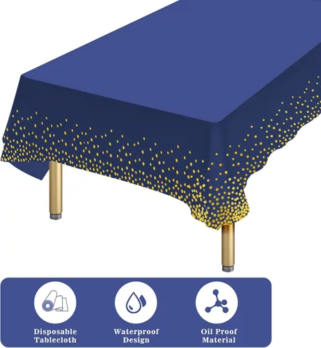 Miniatura 3 de Paquete de 4 manteles de plástico desechables azules y dorados para mesa rectangular, manteles desechables de 54 x 108 pulgadas, manteles