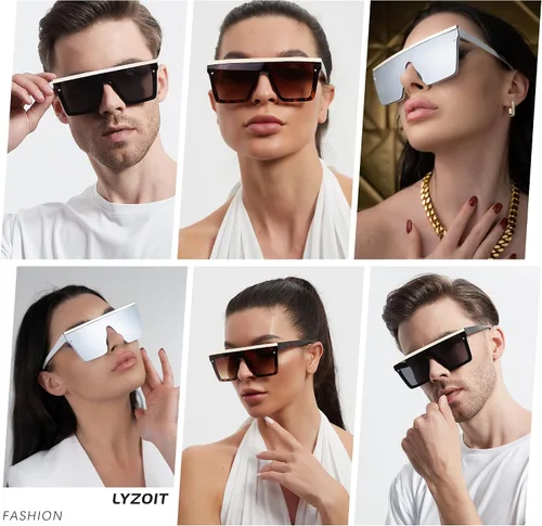 Miniatura 4 de LYZOIT Gafas de sol cuadradas de gran tamaño para mujeres y hombres con parte superior plana escudo de moda protección UV grande sin montura