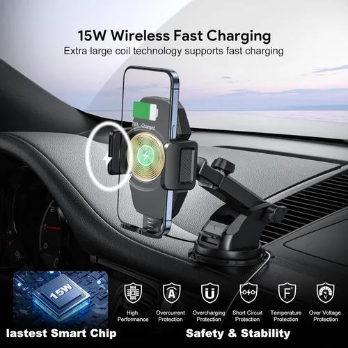 Miniatura 9 de Cargador de coche inalámbrico para teléfono, cargador de coche de carga rápida de 15 W con sujeción automática, cargador de coche soporte