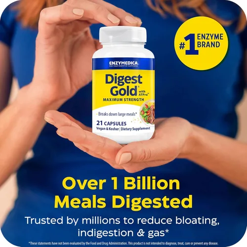 Miniatura 5 de Enzymedica Digest Gold + ATPro, fórmula enzimática de máxima fuerza, evita la hinchazón y los gases, 14 enzimas clave incluyendo amilasa, proteasa