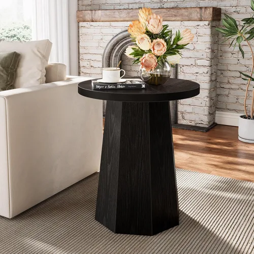 Miniatura 4 de Tribesigns Mesa Auxiliar Redonda de Estilo Rústico, Mesa Lateral de Madera para Sofá con Base Octagonal, Mesita de Noche Negra con Pedestal, Mueble
