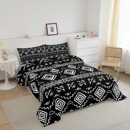 Miniatura 3 de Erosebridal - Juego de ropa de cama estilo tribal bohemio azteca, edredón con estampado étnico blanco y negro, bohemio, tamaño King, juego de Multi