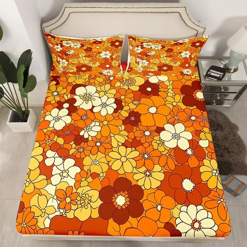Juego de ropa de cama con diseño floral bohemio, tamaño individual, diseño retro de flores groovy, 60S y 70S, diseño de flores hippie para niños,