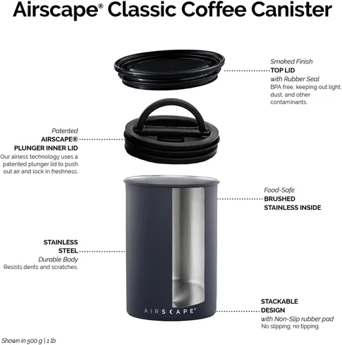 Miniatura 2 de Planetary Design Airscape Contenedor de café de acero inoxidable Contenedor de almacenamiento de alimentos Tapa hermética patentada de EE. UU.