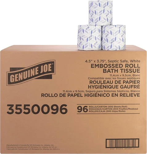 Genuine Joe papel higiénico con relieve, 2 capas, seguro para fosas sépticas, envuelto individualmente, 4.5" x 3.75", 500 hojas/rollo, 96 unidades