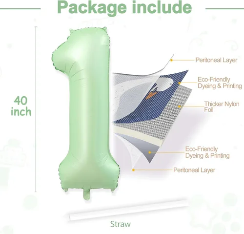 Miniatura 2 de 1 globo de aluminio verde claro de 40 pulgadas, globos gigantes de helio número 1 para niños y niñas, decoraciones de primer cumpleaños, baby