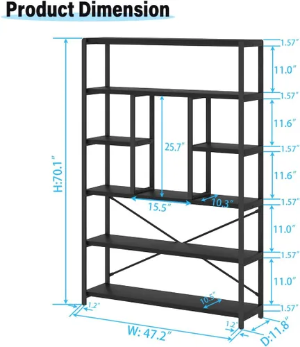 Miniatura 2 de LVB - Estantería alta de 6 niveles en negro, moderna y amplia estantería de almacenamiento, estante de madera y metal industrial de 6 estantes