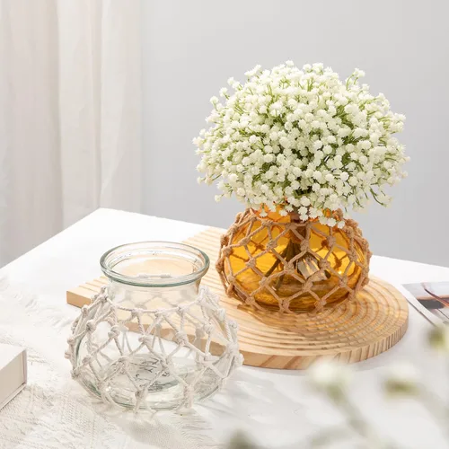 Miniatura 5 de Hollyone Jarrón de vidrio ámbar con cubierta de cuerda de algodón, jarrón redondo de vidrio tejido, botella de flores decorativa, jarrón moderno