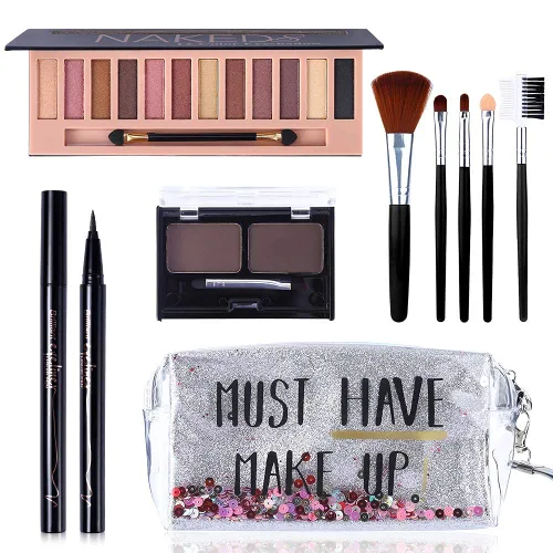 Miniatura 2 de Kit de maquillaje todo en uno, paleta de 12 colores de sombras de ojos desnudas brillantes, lápiz delineador de ojos negro resistente al agua, kit