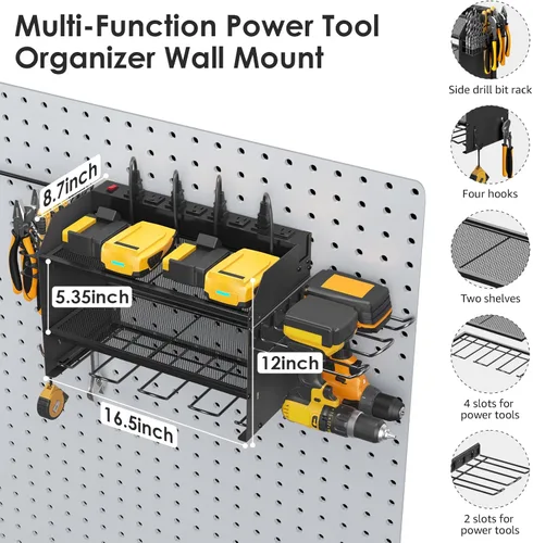 Miniatura 6 de CCCEI Organizador modular de herramientas eléctricas, estación de carga de montaje en pared, soporte negro para 6 taladros con regleta eléctrica