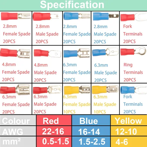 Miniatura 3 de Feggizuli 280 piezas de conectores de crimpado, kit de conectores macho y hembra de pala de 2.8 mm, 4.8 mm, 6.3 mm, 15 tipos de terminales