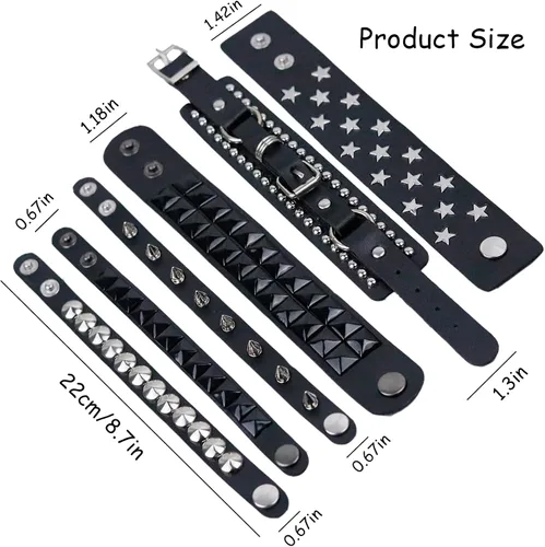 Miniatura 2 de 6 pulseras punk de cuero tachonado negro para hombres y mujeres