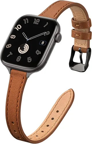 Miniatura 39 de STIROLL - Correa delgada de cuero para reloj inteligente, compatible con Apple Watch de 38, 40, 41, 42, 44, 45 y 49 mm, correa de cuero de grano