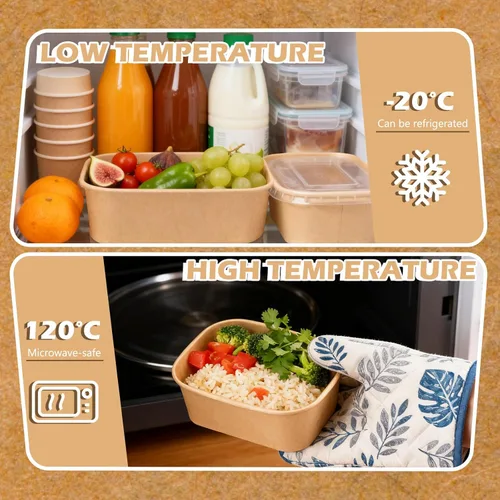 Miniatura 4 de Paquete de 50 cuencos de papel kraft desechables de 25 onzas con tapas, recipientes rectangulares de papel para alimentos, recipientes