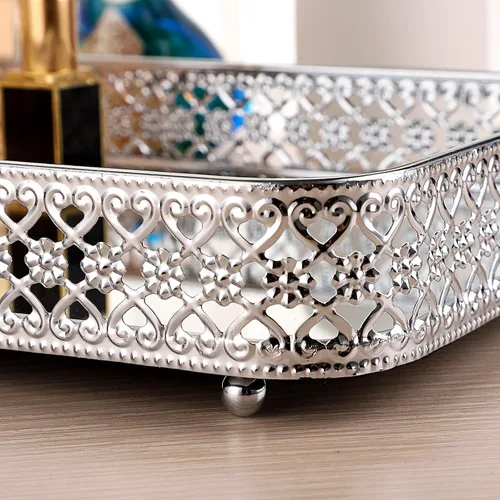 Miniatura 5 de ELLDOO Bandeja para Espejo de Perfume de Tocador, Bandeja de Maquillaje, Organizador de Joyería Tallado en Hueco, Bandeja de Almacenamiento de Plata