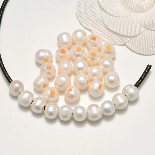 Miniatura 2 de AD Beads Cuentas redondas sueltas de piedras preciosas naturales de 0.394 in, agujero grande, tamaño de 0.079 in, 30 unidades (perla blanca)