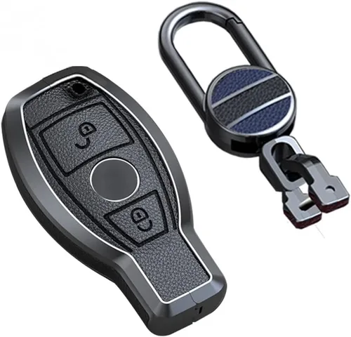 SANRILY Funda para llavero de piel de metal con 2 botones, color negro, para Mercedes Benz Clase G W463 GLK A, B, S, M, AMG, con llavero