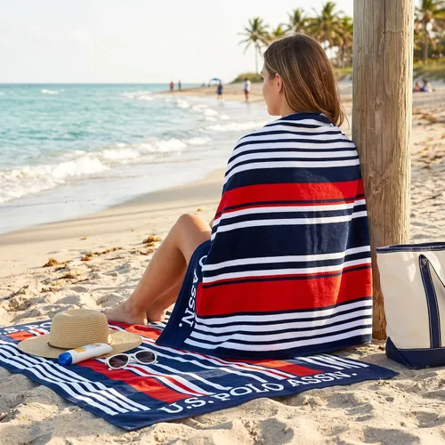 Miniatura 4 de U.S. Polo Assn. Toalla de playa de gran tamaño (40 x 70 pulgadas), diseño náutico a rayas, de lujo, algodón de felpa de calidad de hotel para baño