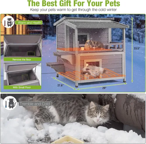 Miniatura 6 de GUTINNEEN Casa para Gatos de Exterior Climatizada Aislada con Calentador y Forro Térmico, Refugio Cálido de Invierno para Gatos Ferales Espacioso