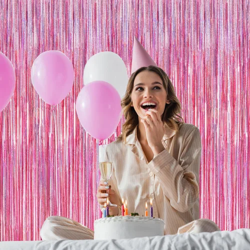 Miniatura 5 de Paquete de 2 fondos rosa brillante, 3.28 × 7.05 pies, cortinas de flecos láser metálicas, ideales como decoración de cumpleaños, fondo para fotos