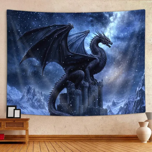Miniatura 3 de JAWO Tapiz de dragón de fantasía, tapiz de galaxia azul castillo de animales geniales para colgar en la pared para niños y hombres, tapices, manta