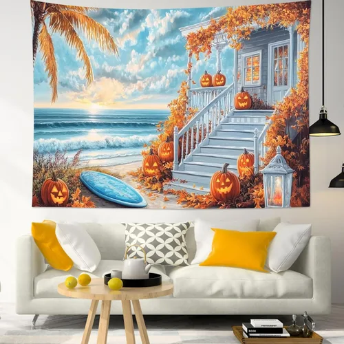LB Fall Halloween Tapestry Wall Hanging Spooky Orange Pumpkin on Vintage Beach Wall Tapestry for Bedroom White Cloud and Blue Ocean Wall Art for