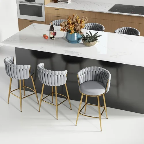 Miniatura 15 de ABET Taburete de Bar Dorado 1UN, Taburetes Giratorios de Terciopelo, Taburetes de Altura Ajustable con Respaldo Tejido, Taburetes de Cocina Modernos