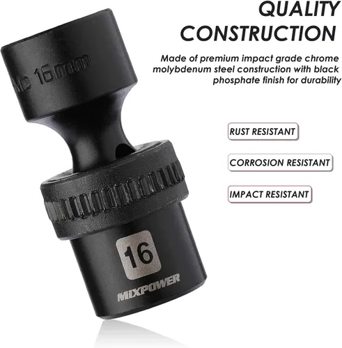 Miniatura 3 de MIXPOWER Juego de 10 piezas de llaves vaso universales de impacto poco profundo de 3/8", métrico, 10-19mm, llave de giro con oscilación flexible