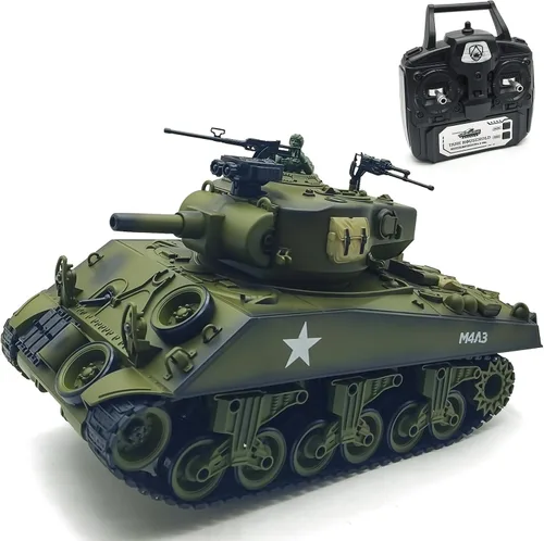 fisca Tanque de control remoto, 2.4Ghz 15 canales 1/20 Sherman M4A3 Tanque de batalla principal RC que dispara BBS Airsoft para niños de 10, 11,
