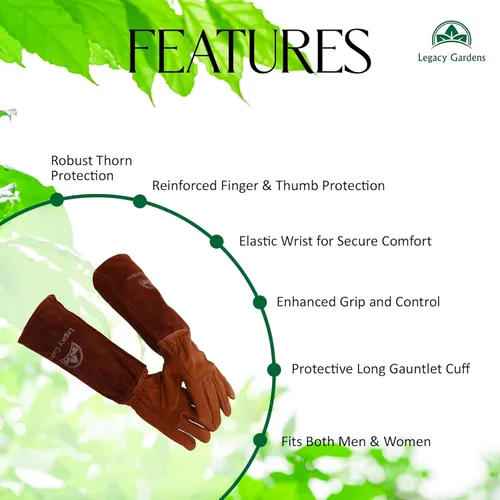 Miniatura 3 de Guantes de jardinería de cuero para mujeres y hombres, guantes largos de jardín, guanteletes de cuero de vaca para poda de rosas resistentes a Marrón