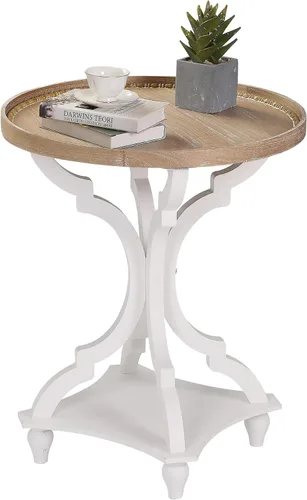 Miniatura 10 de Wnutrees Mesa auxiliar redonda de estilo granja, mesitas de noche rústicas para sala de estar, bandeja de madera, acabado artesanal, juego de 2