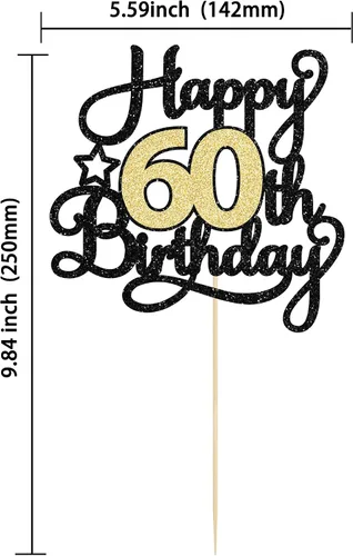 Miniatura 2 de 1 Pieza Feliz Cumpleaños 60 Decoración Superior para Pastel Negro Dorado con Purpurina Brindis por 60 Años Palillo para Pastel de Cumpleaños 60