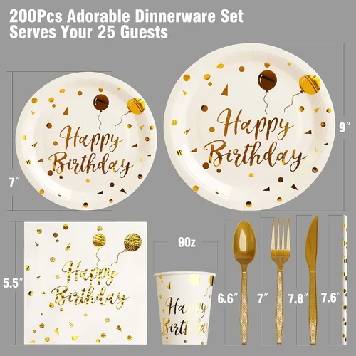 Miniatura 2 de 200 piezas de suministros para fiesta de cumpleaños blancos y dorados, juego de vajilla desechable para feliz cumpleaños, tenedores, cuchillos