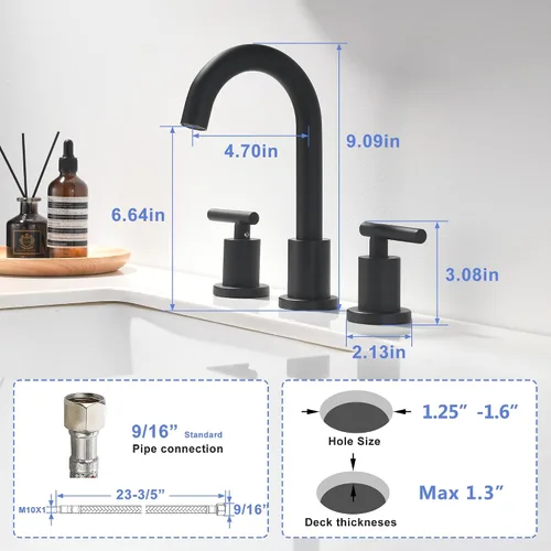 Miniatura 6 de Grifo de lavabo de baño generalizado de dos asas, grifo de tocador de 3 agujeros con drenaje emergente y líneas de suministro de grifo cUPC, grifo
