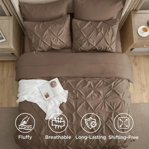 Miniatura 7 de Bedsure - Juego de ropa de cama tamaño california king de 7 piezas, con pliegues, color marrón, cama en una bolsa con edredón, sábanas, fundas de 21