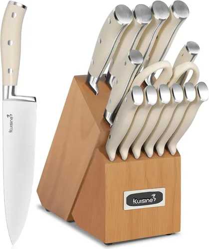 Miniatura 8 de Juego de cuchillos de chef Kuisine, juego de cuchillos de acero inoxidable de alto carbono afilados con mango ergonómico, juego de bloques de Blanco