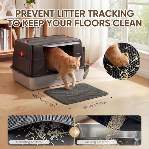 Miniatura 5 de Caja de arena de acero inoxidable 304 con tapa abatible, fácil de limpiar, caja de arena cerrada para gatos grandes, lados altos para pulverización