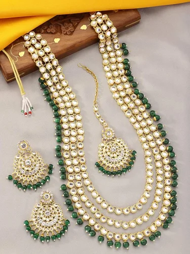 Miniatura 7 de Aheli Indian Ethnic Wedding Faux Kundan Beaded Bridal Long Necklace Earrings with Maang Tikka Traditional Jewellery Set for Women