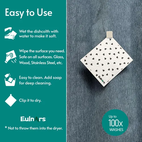 Miniatura 7 de Eulnars - Toallas de papel reutilizables, paquete de 8 paños de cocina suecos con 3 clips, negro y blanco, algodón, 200 lavados Negro Blanco