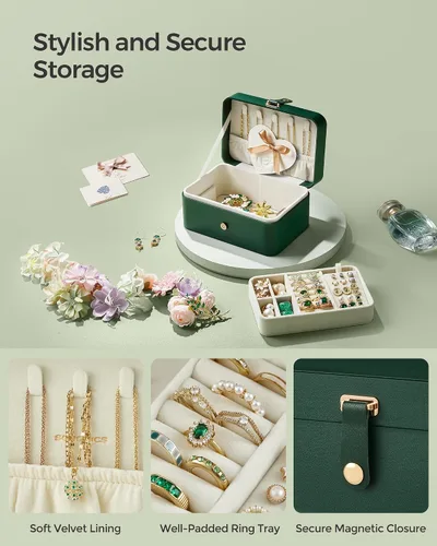 Miniatura 6 de SONGMICS Caja organizadora de joyas, estuche de viaje de 2 capas para aretes, collares, pulseras, almacenamiento portátil de joyas con gran Verde