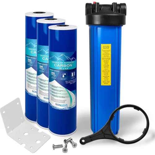 Miniatura 11 de Sistema purificador de filtro de agua azul de alta capacidad de 20 x 4.5 pulgadas para toda la casa con botón de alivio de presión, puerto de latón