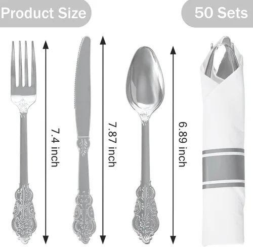 Miniatura 2 de WELLIFE Paquete de 50 cubiertos de plástico plateado, juego de cubiertos envueltos desechables, incluye 50 tenedores, 50 cuchillos, 50 cucharas y 50
