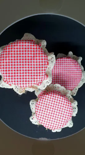 Miniatura 9 de DLK - 10 fundas elásticas para frascos - 100% algodón, patrón elástico de cuadros rojos (cuadros) - Cuenco con tapa de fermentación transpirable