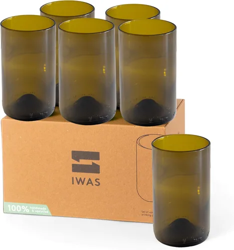 IWAS Upcycled Olive - Vasos para beber | 11.8 fl oz | 12 onzas | Juego de 6 | Vasos de agua sostenibles | Gafas de color marrón oscuro respetuosas